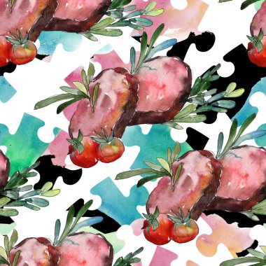 Izgara biftek lezzetli yemek. Suluboya arka plan illüstrasyon seti. Kesintisiz arka plan deseni.