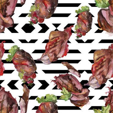 Izgara biftek lezzetli yemek. Suluboya arka plan illüstrasyon seti. Kesintisiz arka plan deseni.