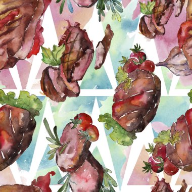 Izgara biftek lezzetli yemek. Suluboya arka plan illüstrasyon seti. Kesintisiz arka plan deseni.