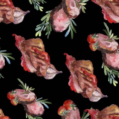 Izgara biftek lezzetli yemek. Suluboya arka plan illüstrasyon seti. Kesintisiz arka plan deseni.