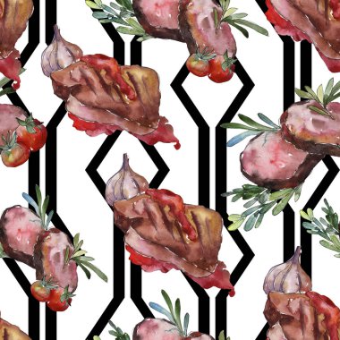 Izgara biftek lezzetli yemek. Suluboya arka plan illüstrasyon seti. Kesintisiz arka plan deseni.