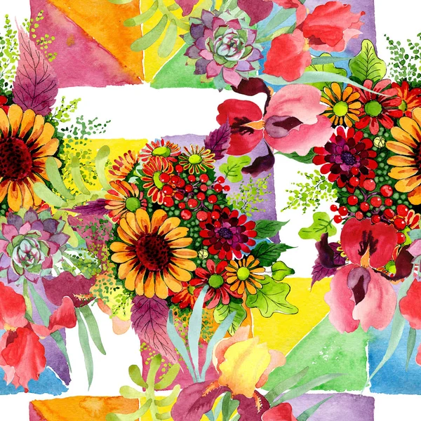 Buket çiçek botanik çiçek. Suluboya arka plan illüstrasyon seti. Kesintisiz arka plan deseni.