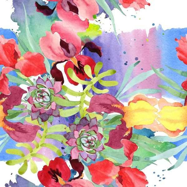 Bouquet floreale fiore botanico. Acquerello sfondo illustrazione set. Modello di sfondo senza soluzione di continuità . — Foto Stock