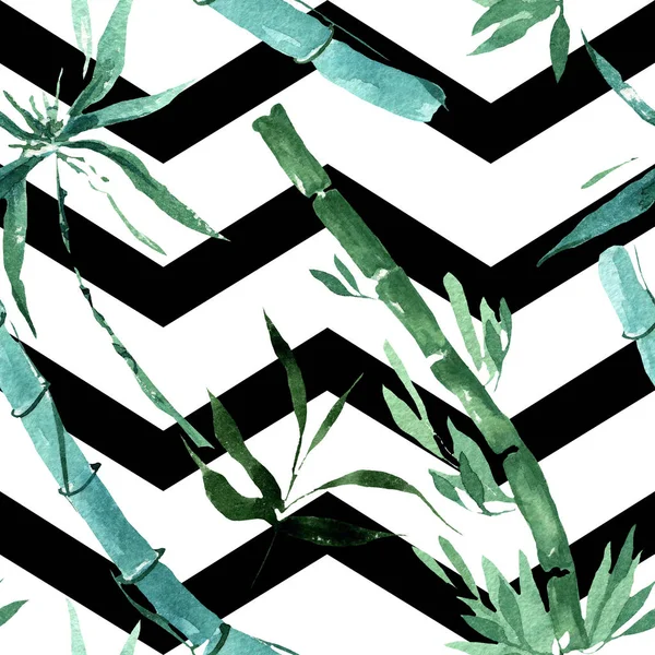 Bambu yeşil yaprakları ve sapları. Suluboya arka plan illüstrasyon seti. Kesintisiz arka plan deseni.