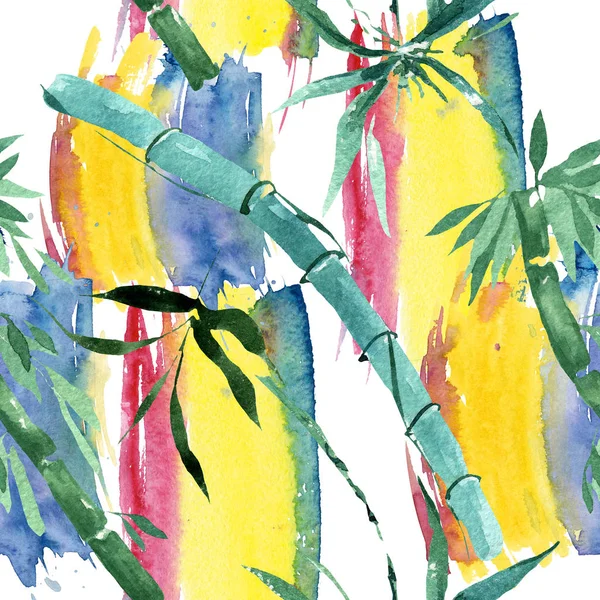 Bambu yeşil yaprakları ve sapları. Suluboya arka plan illüstrasyon seti. Kesintisiz arka plan deseni.