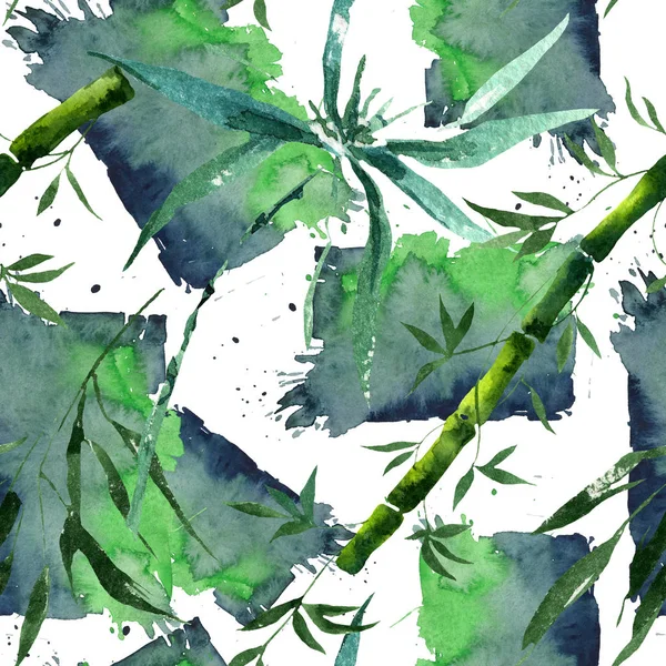 Bambusowe zielone liście i łodygi. Akwarela zestaw ilustracji tła. Płynny wzór tła. — Zdjęcie stockowe