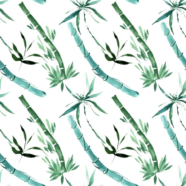 Feuilles et tiges de bambou vert. Ensemble d'illustration de fond aquarelle. Modèle de fond sans couture . — Photo