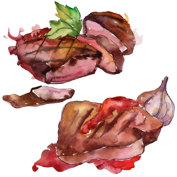 Grilled steak tasty food in a watercolor style set. Aquarelle food illustration for background. Isolated steak element.