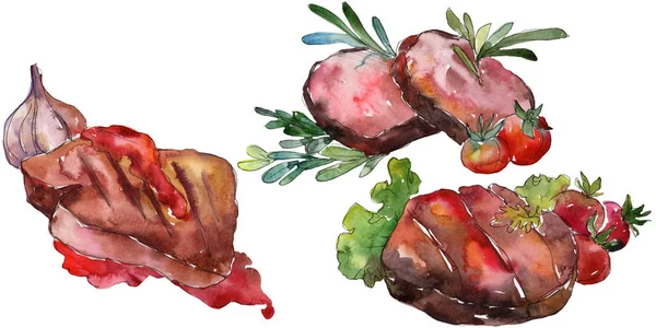 Friptură la grătar alimente gustoase într-un set de acuarelă. Aquarelle ilustrație alimentară pentru fundal. Element de friptură izolat . — Fotografie, imagine de stoc