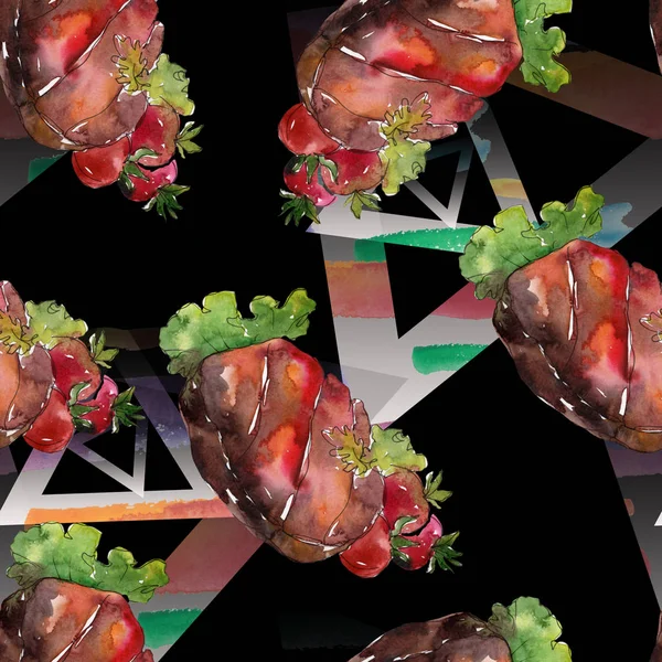 Izgara biftek lezzetli yemek. Suluboya arka plan illüstrasyon seti. Kesintisiz arka plan deseni.