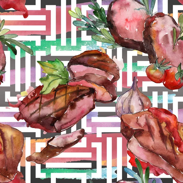 Izgara biftek lezzetli yemek. Suluboya arka plan illüstrasyon seti. Kesintisiz arka plan deseni.