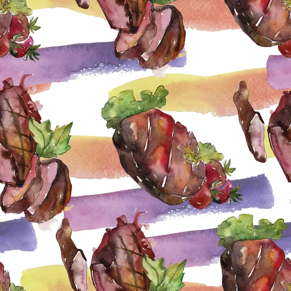 Grilled steak tasty food. Watercolor background illustration set. Seamless background pattern. — Stock Photo, Image