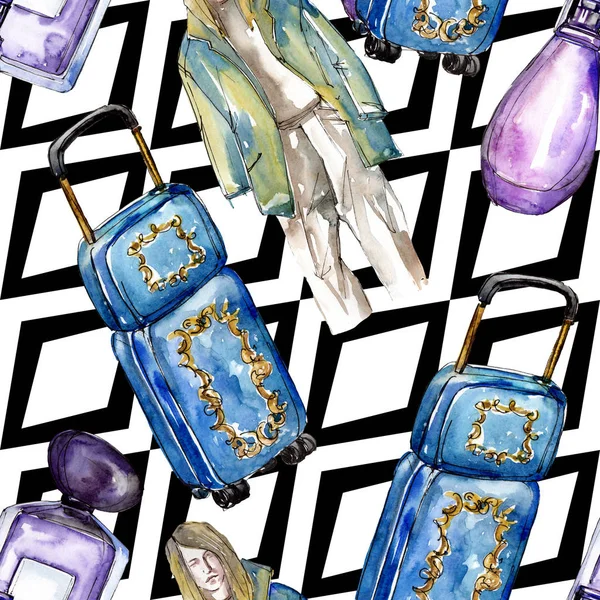 Moda kroki glamour çizimde bir suluboya stil izole öğesi. Sorunsuz arka plan deseni.