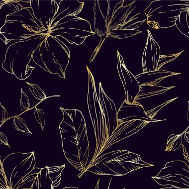 Vektör Tropikal çiçekler ve izole yaprakları. Siyah ve beyaz oyulmuş mürekkep sanatı. Kesintisiz arka plan deseni.