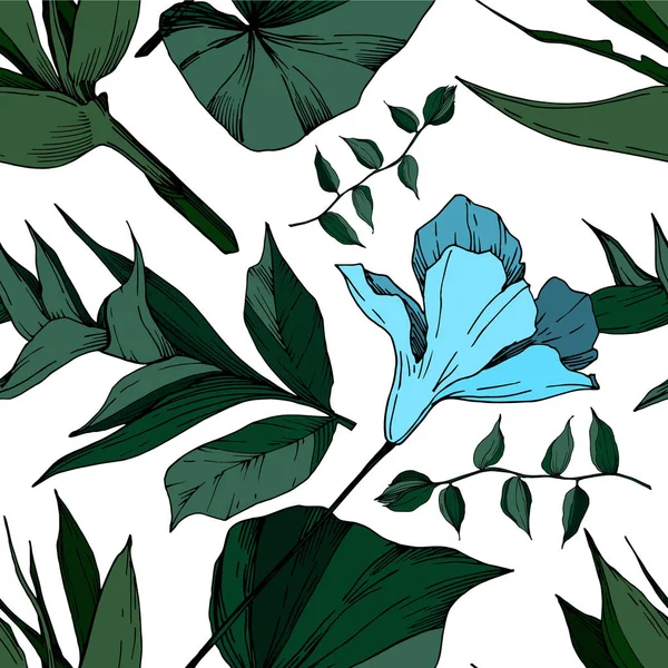 Vektör Tropikal çiçekler ve izole yaprakları. Siyah ve beyaz oyulmuş mürekkep sanatı. Kesintisiz arka plan deseni.