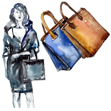 Moda kroki glamour çizimde bir suluboya stil izole öğesi. Suluboya arka plan ayarlamak.