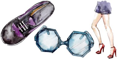 Moda kroki glamour çizimde bir suluboya stil izole öğesi. Suluboya arka plan ayarlamak.