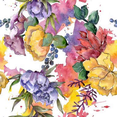 Buket çiçek botanik çiçekler. Suluboya arka plan illüstrasyon küme. Sorunsuz arka plan deseni.