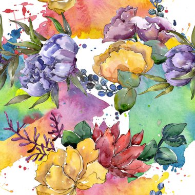 Buket çiçek botanik çiçekler. Suluboya arka plan illüstrasyon küme. Sorunsuz arka plan deseni.