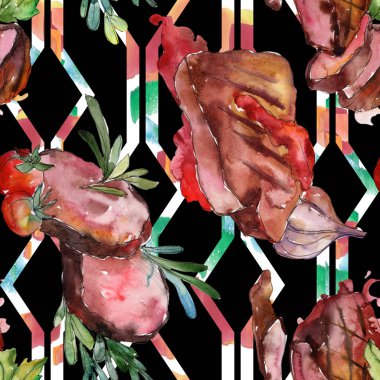 Izgara biftek lezzetli yemek. Suluboya arka plan illüstrasyon seti. Kesintisiz arka plan deseni.