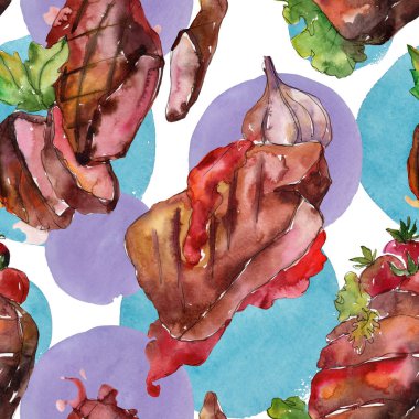 Izgara biftek lezzetli yemek. Suluboya arka plan illüstrasyon seti. Kesintisiz arka plan deseni.