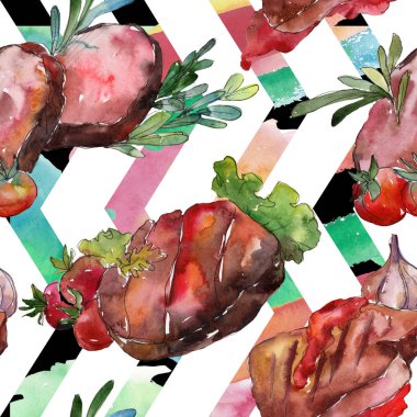 Izgara biftek lezzetli yemek. Suluboya arka plan illüstrasyon seti. Kesintisiz arka plan deseni.