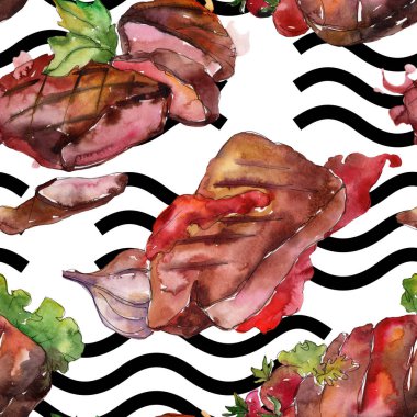 Izgara biftek lezzetli yemek. Suluboya arka plan illüstrasyon seti. Kesintisiz arka plan deseni.