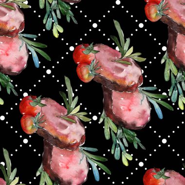 Izgara biftek lezzetli yemek. Suluboya arka plan illüstrasyon seti. Kesintisiz arka plan deseni.