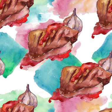 Izgara biftek lezzetli yemek. Suluboya arka plan illüstrasyon seti. Kesintisiz arka plan deseni.