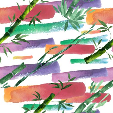 Bambu yeşil yaprakları ve sapları. Suluboya arka plan illüstrasyon seti. Kesintisiz arka plan deseni.