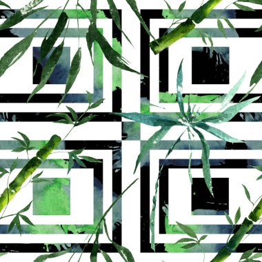 Bambu yeşil yaprakları ve sapları. Suluboya arka plan illüstrasyon seti. Kesintisiz arka plan deseni.