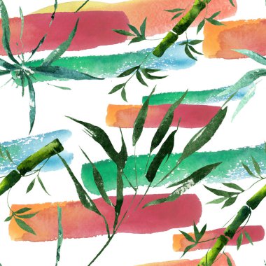 Bambu yeşil yaprakları ve sapları. Suluboya arka plan illüstrasyon seti. Kesintisiz arka plan deseni.