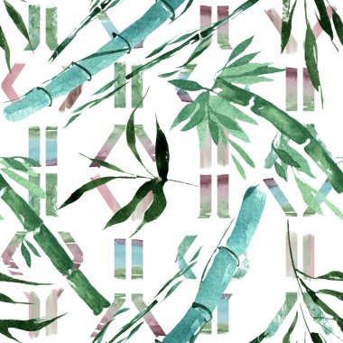 Bambu yeşil yaprakları ve sapları. Suluboya arka plan illüstrasyon seti. Kesintisiz arka plan deseni.