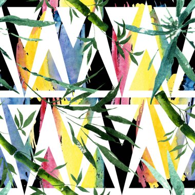 Bambu yeşil yaprakları ve sapları. Suluboya arka plan illüstrasyon seti. Kesintisiz arka plan deseni.