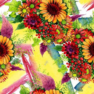 Buket çiçek botanik çiçek. Suluboya arka plan illüstrasyon seti. Kesintisiz arka plan deseni.