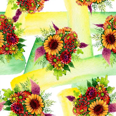 Buket çiçek botanik çiçek. Suluboya arka plan illüstrasyon seti. Kesintisiz arka plan deseni.