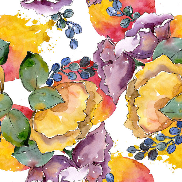 Bouquet floral botanical flowers. Watercolor background illustration set. Seamless background pattern.
