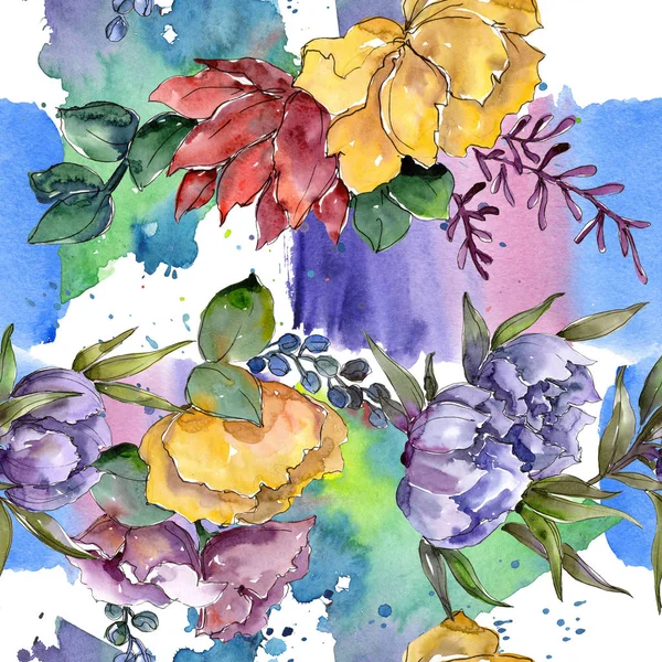 Bukiet kwiatowy kwiaty botanicznych. Zestaw ilustracji tle akwarela. Bezszwowe tło wzór. — Zdjęcie stockowe