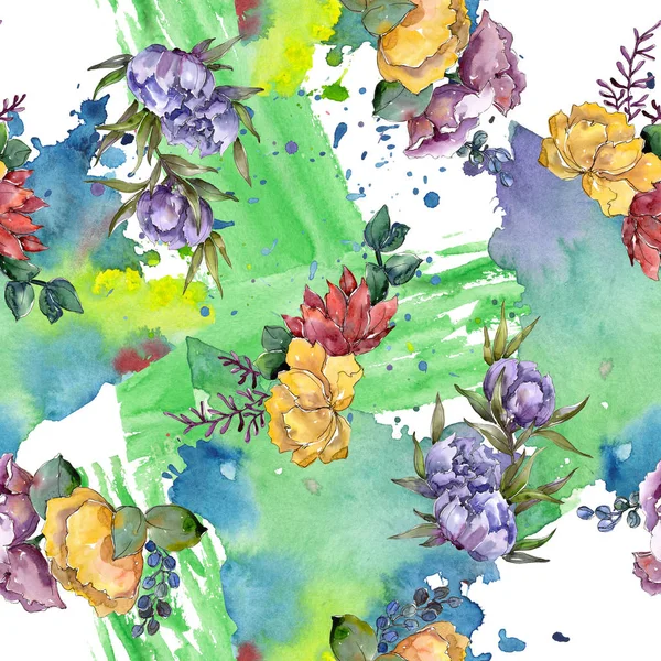 Buket çiçek botanik çiçekler. Suluboya arka plan illüstrasyon küme. Sorunsuz arka plan deseni.