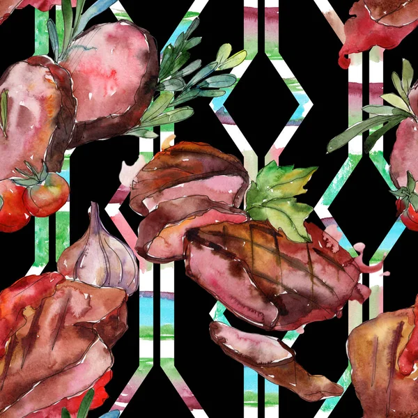 Izgara biftek lezzetli yemek. Suluboya arka plan illüstrasyon seti. Kesintisiz arka plan deseni.