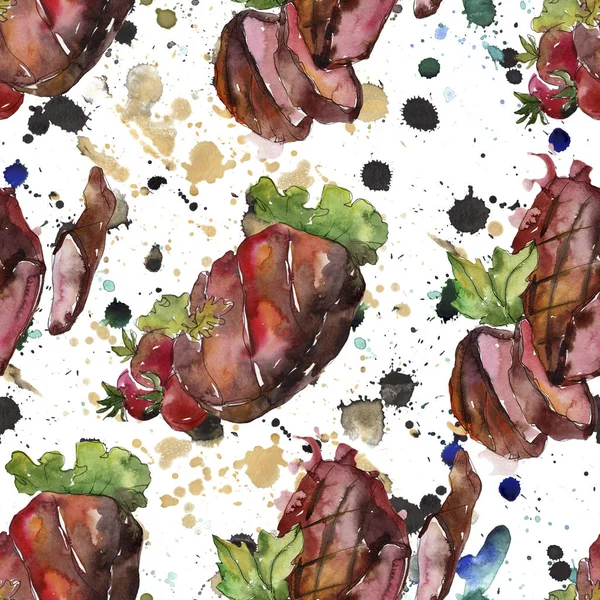 Grilled steak tasty food. Watercolor background illustration set. Seamless background pattern. — Stock Photo, Image