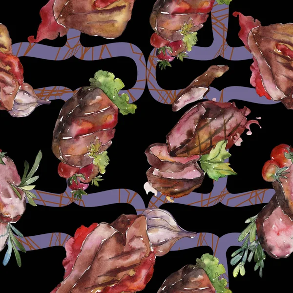 Izgara biftek lezzetli yemek. Suluboya arka plan illüstrasyon seti. Kesintisiz arka plan deseni.