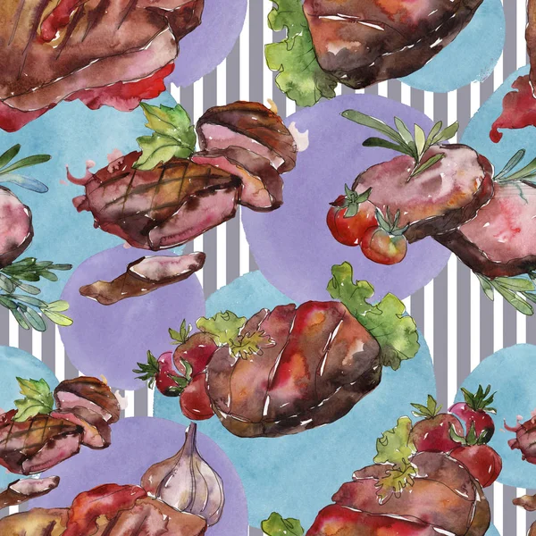Grilled steak tasty food. Watercolor background illustration set. Seamless background pattern. — Stock Photo, Image