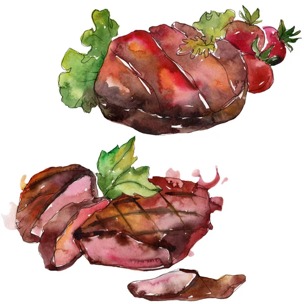 Bistecca grigliata cibo gustoso in un set in stile acquerello. Aquarelle illustrazione del cibo per sfondo. Elemento di bistecca isolato . — Foto Stock