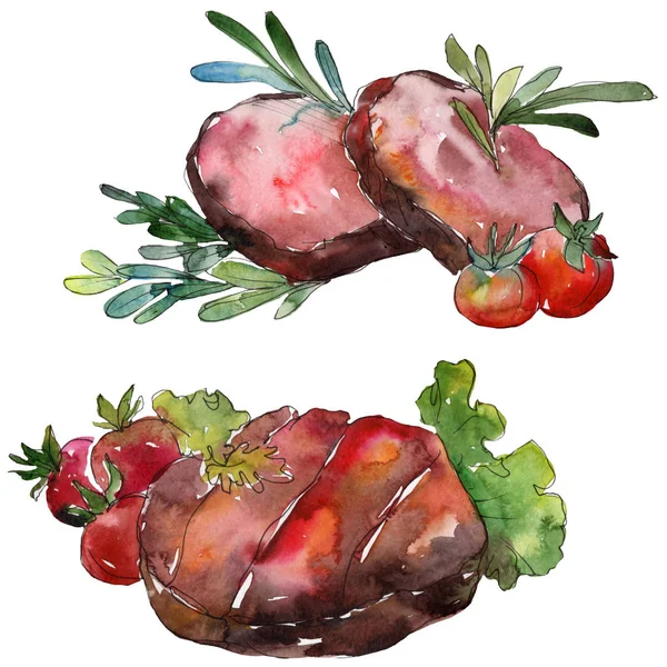 Carne a la parrilla sabrosa comida en un conjunto de estilo acuarela. Aquarelle ilustración de alimentos para el fondo. Elemento aislado del filete . — Foto de Stock