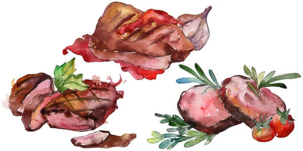 Grillad biff välsmakande mat i en akvarell stil. Aquarelle mat illustration för bakgrunden. Isolerade biff element. — Stockfoto