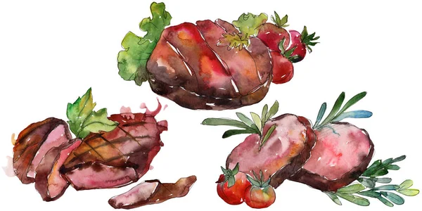 Izgara biftek sulu boya Stil kümesindeki lezzetli yemekler. Aquarelle gıda resimde arka plan için. İzole biftek öğesi. — Stok fotoğraf