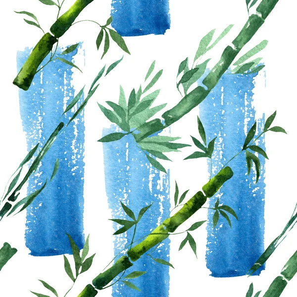 Hojas y tallos de bambú verde. Conjunto de ilustración de fondo acuarela. Patrón de fondo sin costuras . —  Fotos de Stock