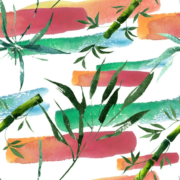 Bambu yeşil yaprakları ve sapları. Suluboya arka plan illüstrasyon seti. Kesintisiz arka plan deseni.