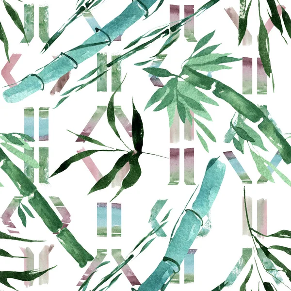 Bambu yeşil yaprakları ve sapları. Suluboya arka plan illüstrasyon seti. Kesintisiz arka plan deseni.